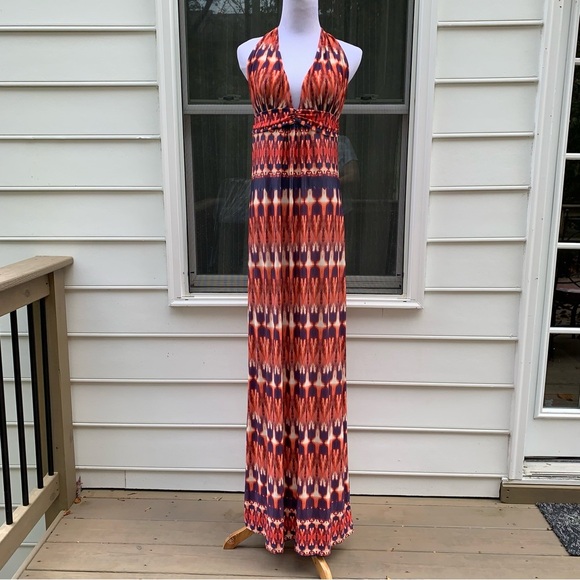 Vix Paula Hermanny Ikat print Peach Pink Cream Blue Jersey Halter Maxi Dress L - Picture 2 of 16